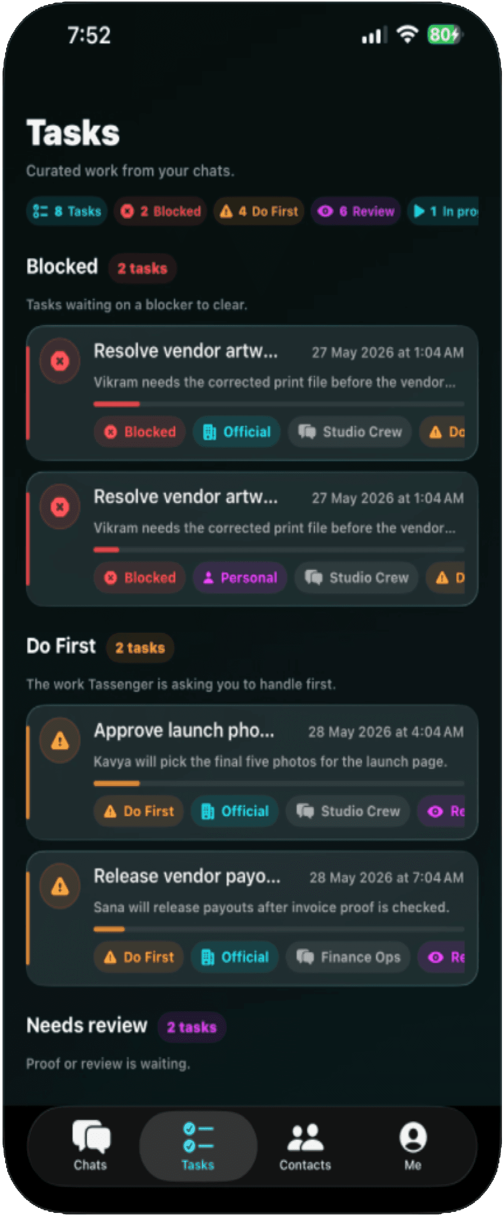 Tassenger task command center showing Blocked, Do First, and Needs review states