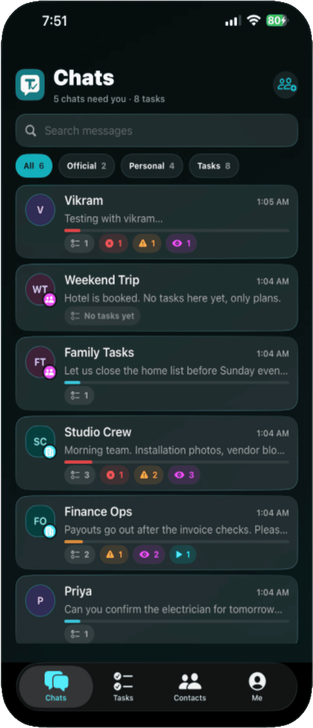 Tassenger chats list with personal and official task signals