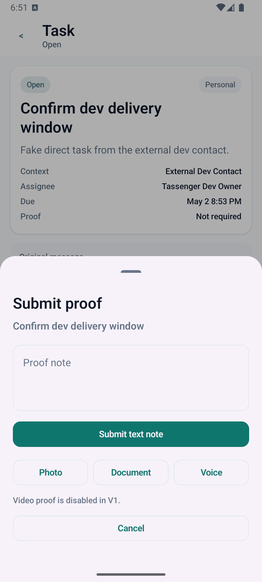 Tassenger proof submission screen