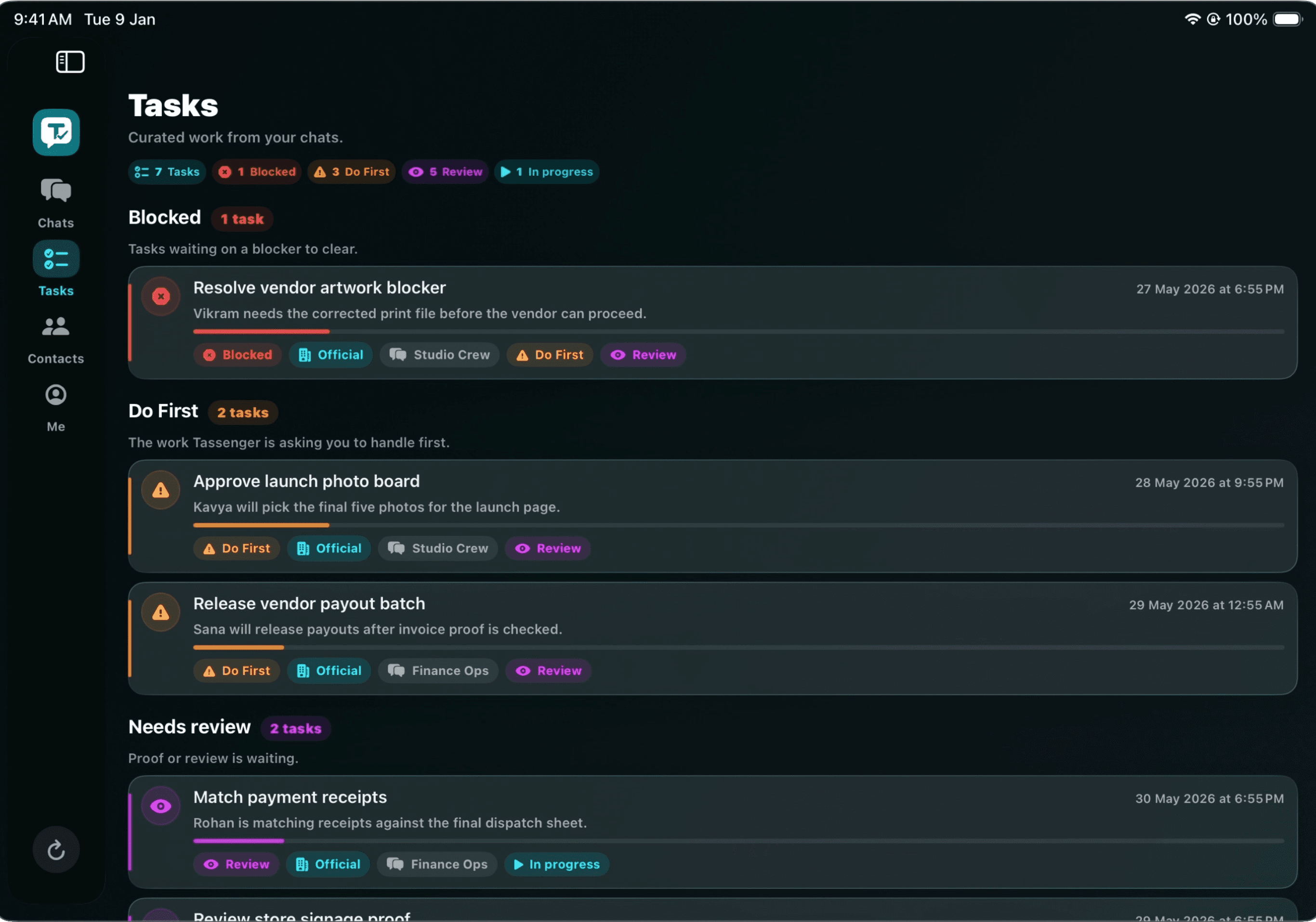 Tassenger iPad tasks overview