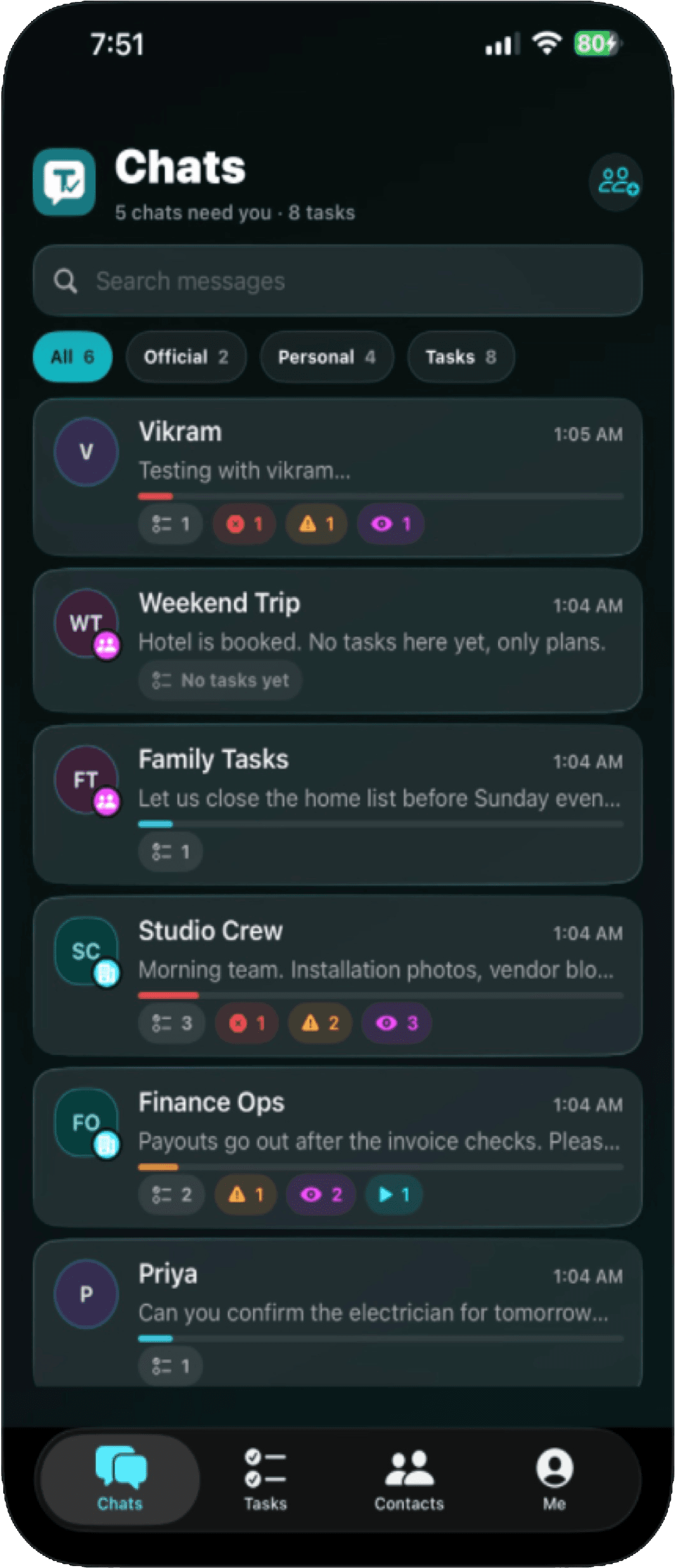 Tassenger iPhone chats with tasks above messages