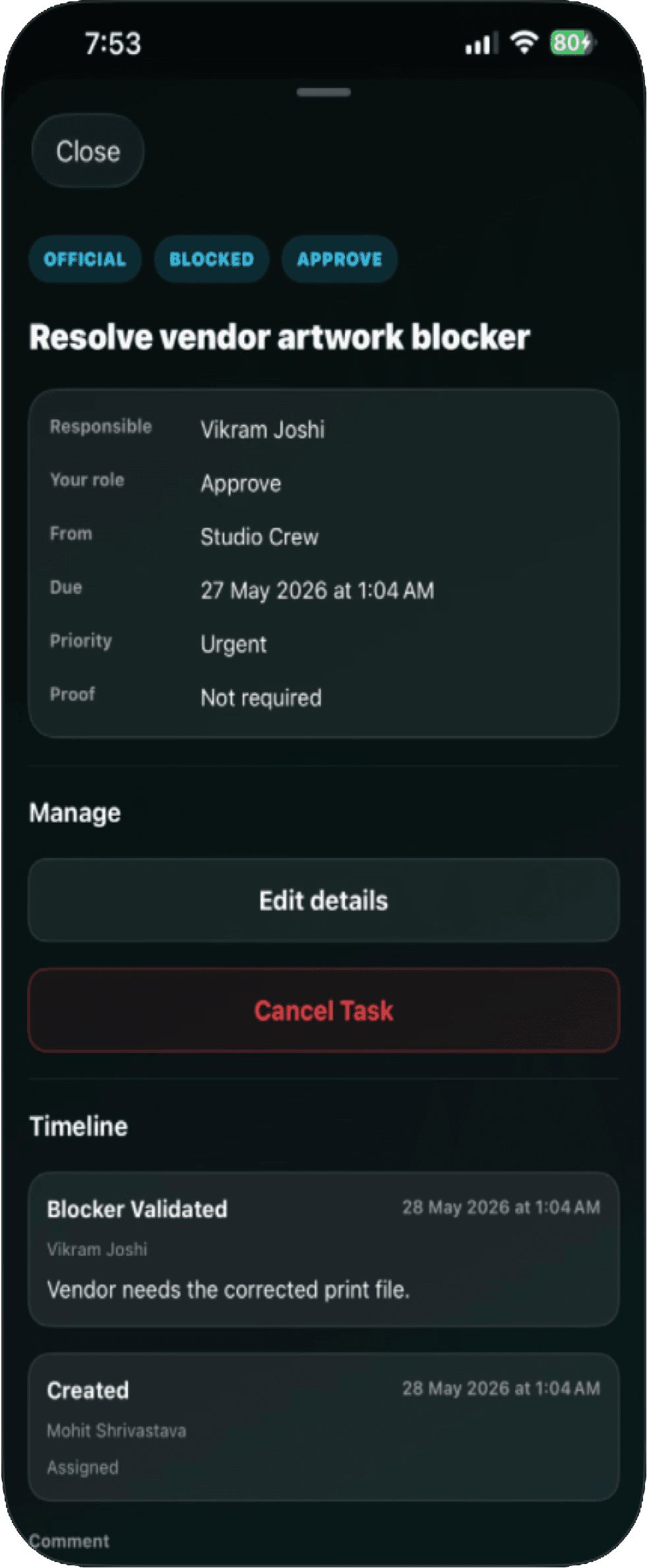 Tassenger iPhone task detail with accountability context